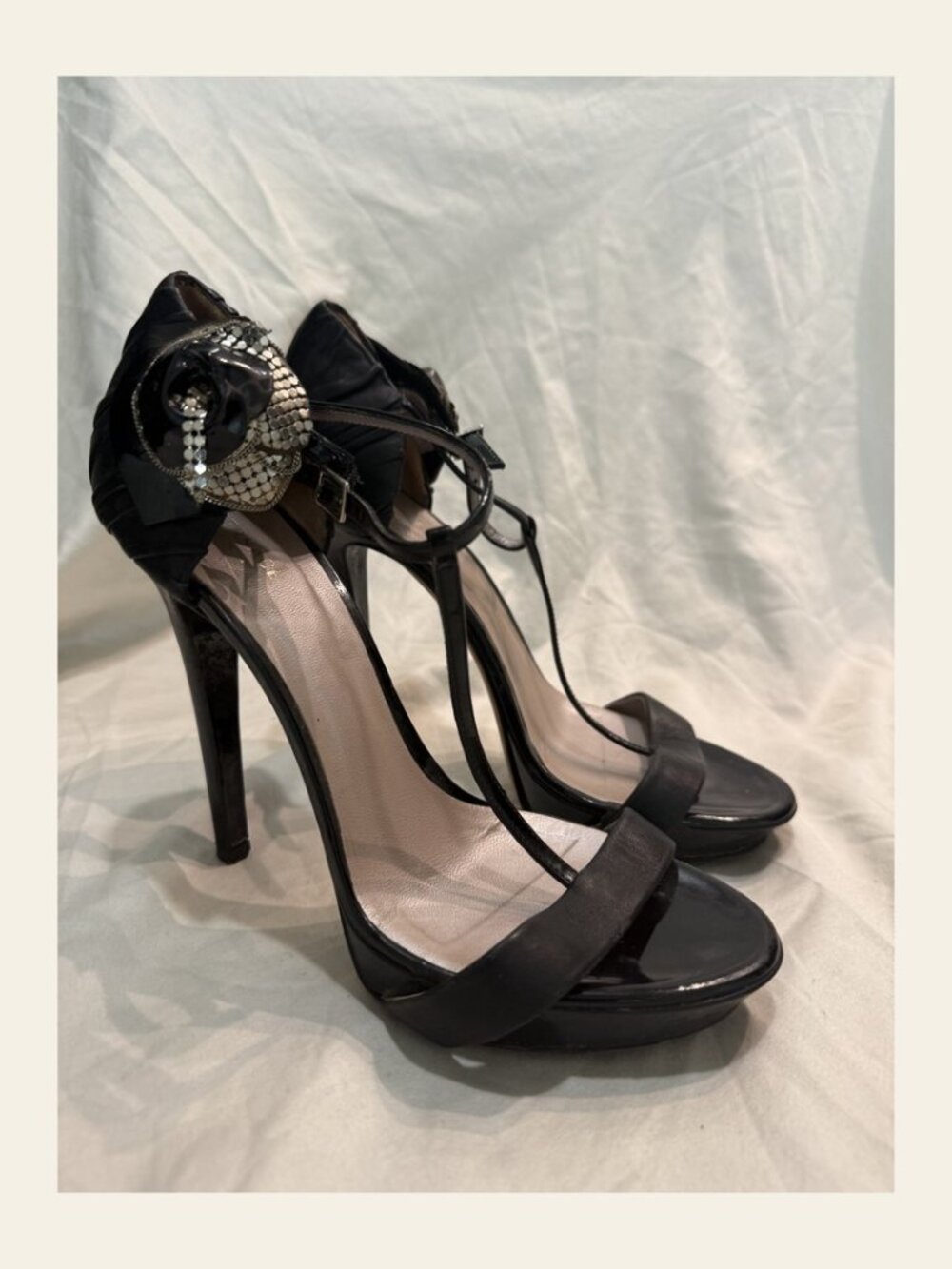 Versace Black Leather Flower Rose Chainmail T-Strap Platform Sandals 39